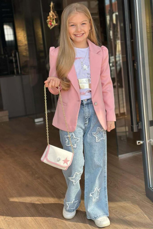 Kız Çocuk Baskılı T-shirt Bol Kesim Yıldız Detaylı Jean Pantolon Pudra Blazer Ceket Alt Üst Takım