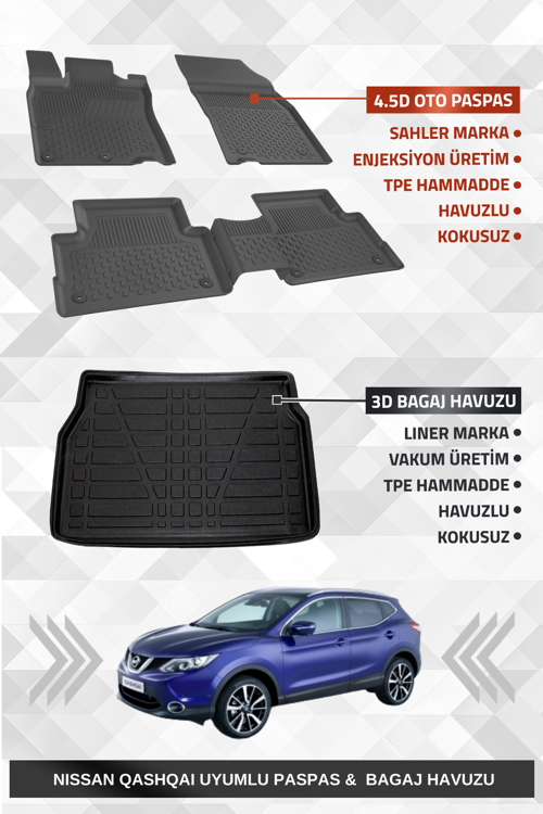 Nıssan Qashqai Tekna 2014-2021 Uyumlu 4.5D Premium Havuzlu Oto Paspas ve Liner Marka 3D Bagaj Havuzu