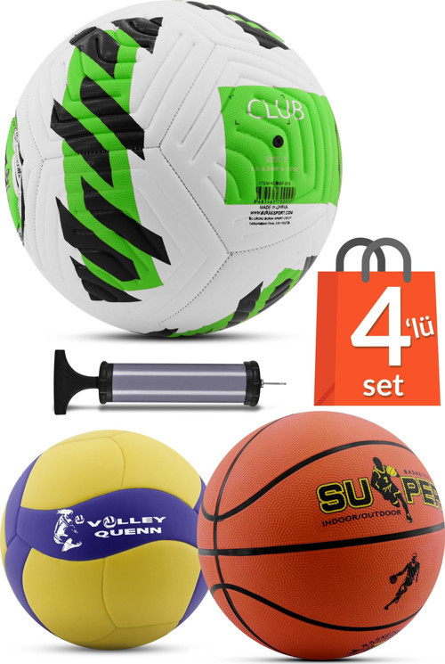 4'LÜ SET Basketbol Voleybol Sert Zemin CLUB Futbol Topu Top Şişirme Pompası Seti Yeşil-018