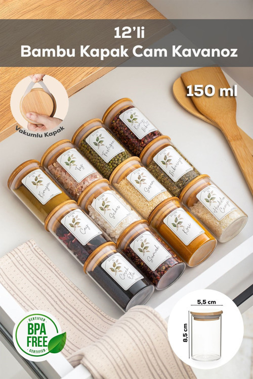 3179 Cam 12'li Vakumlu Bambu Kapaklı Baharatlık Seti Takımı, Saklama Kabı Etiketli (150ML)