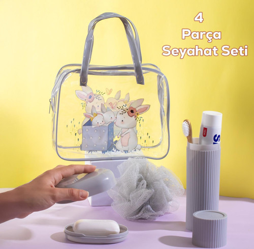 3145 Tavşan Figürlü Seyahat Seti - Diş Fırçası Kutusu Banyo Lifi Sabun Kutusu Seyahat Çantası Gri