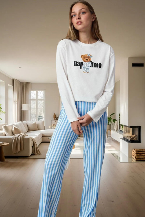 Çizgili Ayıcıklı Kadın Pijama Takımı %100 Pamuk Rahat ve Şık Yüksek Kalite Seçkin Malzeme