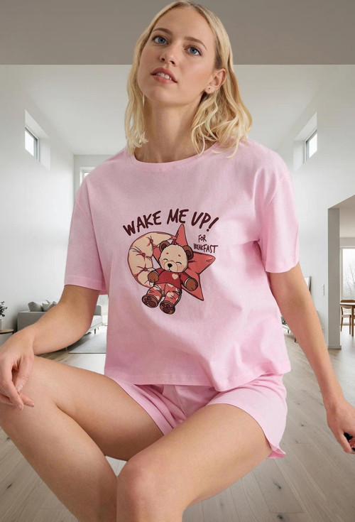 Ayıcıklı Pijama Takımı %100 Pamuk Kısa Kollu Rahat Kalıp Yazlık Uzun Ömürlü Konforlu Kesim