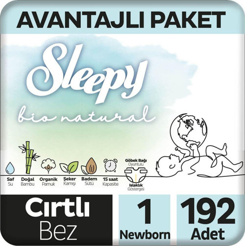 Bio Natural Avantajlı Paket Bebek Bezi 1 Numara Yenidoğan 192 Adet