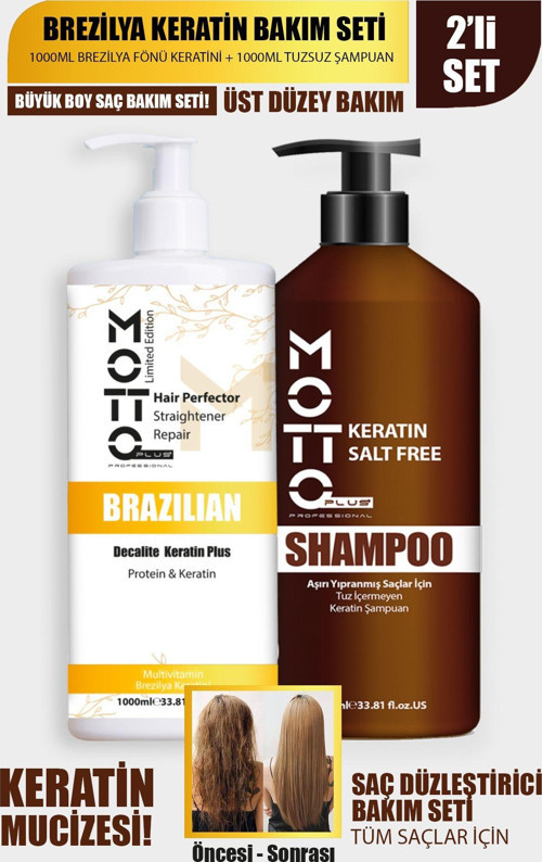 Aşırı Yıpranmış Saçlar İçin Saç Düzleştirici Keratin & Tuzsuz Şampuan 2'li Set BÜYÜK BOY