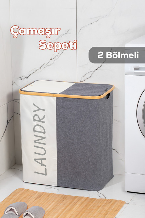 Mio-103 Bambu 2 Bölmeli Banyo Kirli Çamaşır Sepeti Banyo Düzenleyici Sepet 59X53,5 cm