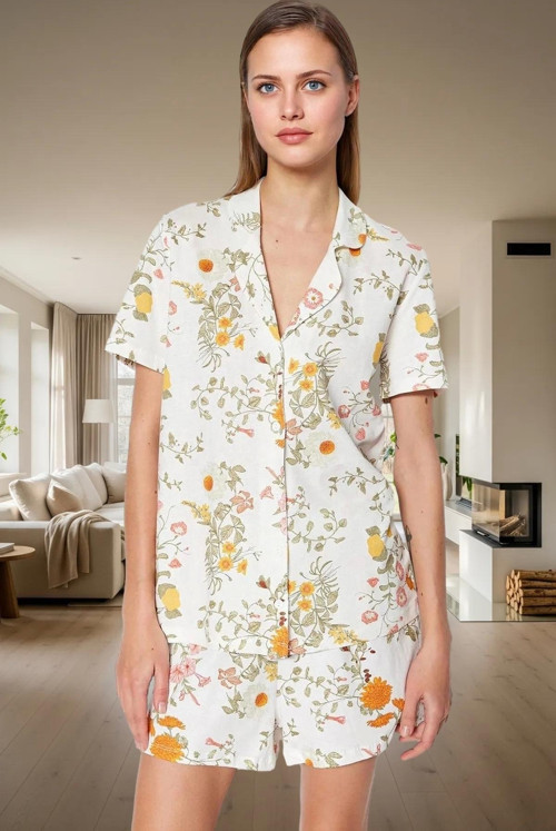 Kadın Yazlık Çiçek Desenli Pamuklu Pijama Takımı Rahat Kalıp Kısa Kollu Trend Tasarım