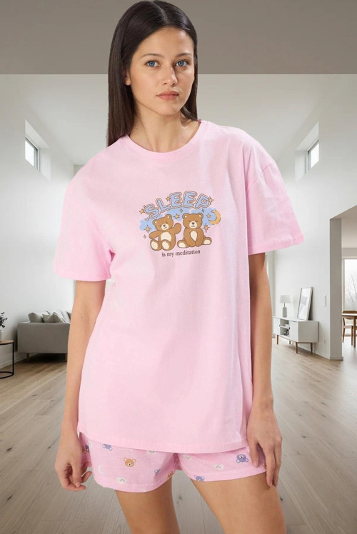 Kadın Ayıcık Desenli Pamuklu Pijama Takımı Rahat Uyku Keyfi İçin Premium Kalite Seçkin Malzeme