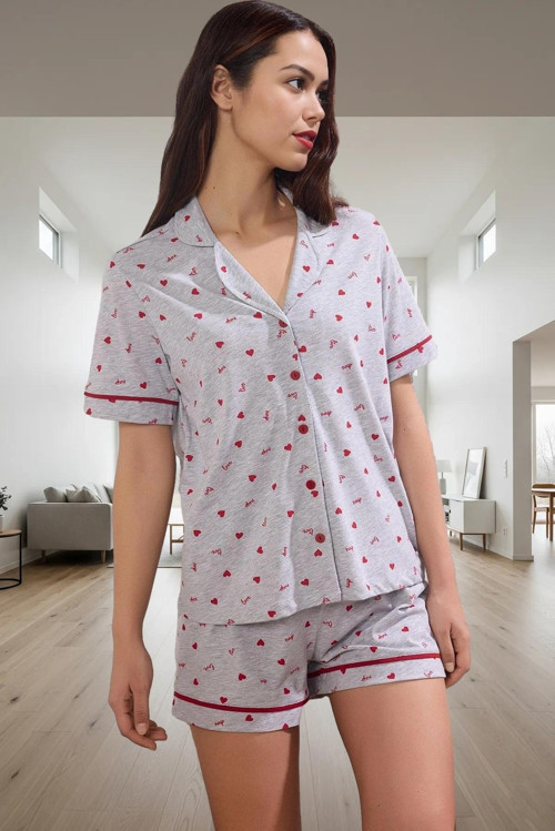Kadın Melanj Pamuklu Kısa Kollu Pijama Takımı Kalpli Desen Zarif Tasarım Seçkin Malzeme