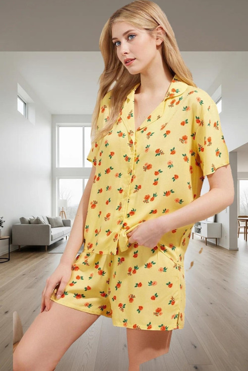 Kadın Çiçekli Viskon Pijama Takımı Kısa Kollu Gömlek ve Şort Yazlık Rahat Uyku Seti Uzun Ömürlü