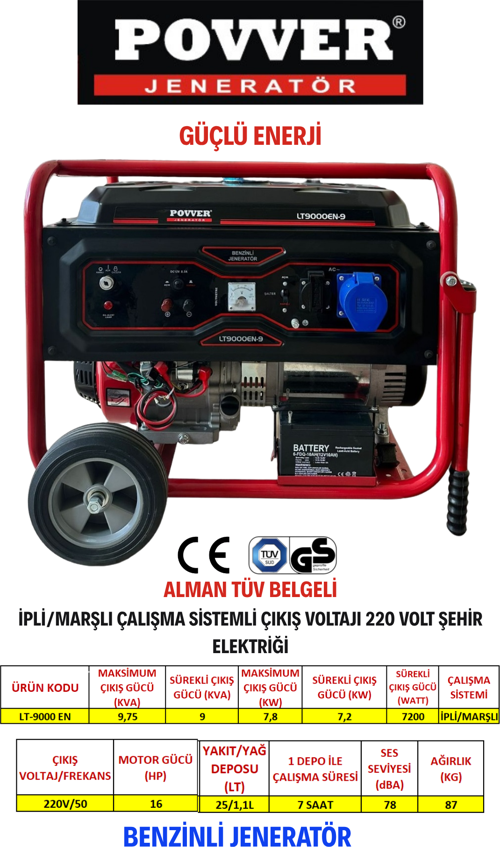 Lt9000 En 9,75 Kva Benzinli Jeneratör Ipli Marşlı