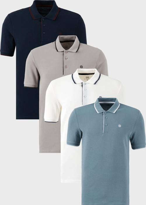 Pamuklu Slim Fit Şerit Detaylı Düğmeli Polo Yaka 4'lü Paket Erkek T Shirt 5902118S4 BEYAZ-LACİVERTBORDO-MAVİ-TAŞ