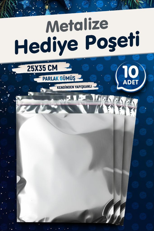 Yapışkanlı Metalize Hediye Paketi Poşeti 25x35cm Gümüş 10 Adet Yeni Yıl Yılbaşı Hediye Paketi -T1093