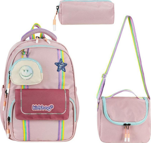 İlkokul Çantası 3'lü Set Pembe Renk 42*30 Cm Beslenme Çantası Kalem Kutusu Ortopedik Su İtici Kumaş