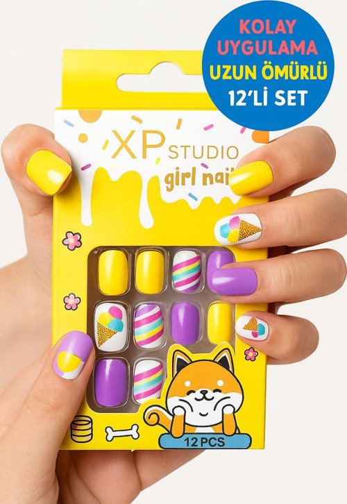12 Li Yapışkan Stickerlı Renkli Baskılı Çocuk Takma Tırnak Oyuncak Seti - 5- 14 Yaş Arası - Model 48