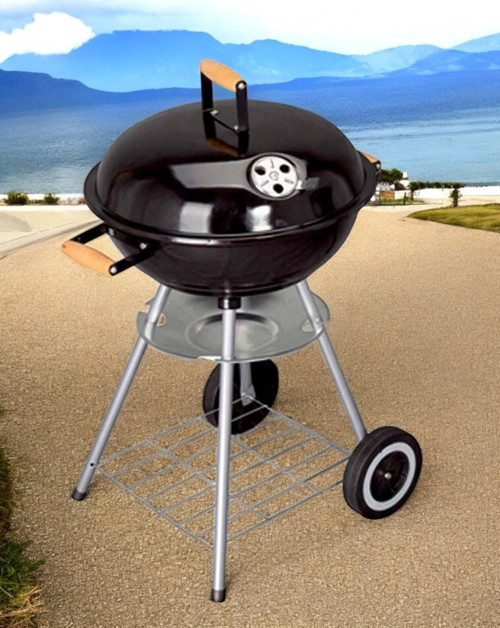 Yuvarlak Kömürlü Mangal Ahşap Kulplu Tekerlekli Mangal 44 cm