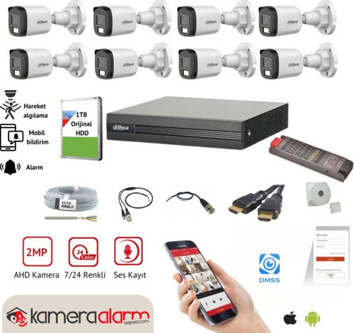 8 Kameralı 7/24 Renkli Görüşlü Dahili Mikrofonlu Güvenlik Kamerası Seti - Uzaktan Izleme - 1Tb Hdd