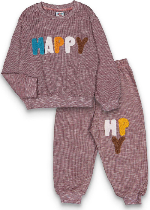Happy Nakışlı İnce Çizgili Çocuk Eşofman Takımı Unısex Alt Üst Mevsimlik Uzun Kollu İnce Kumaş