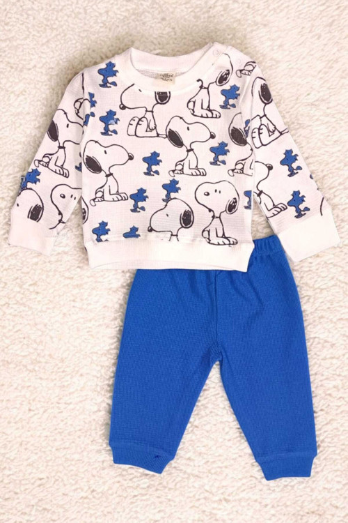 Erkek Bebek Snoopy Baskılı 2Li Alt Üst Takım Mevsimlik Waffle Kumaş 2İplik Şardonsuz 6-9-12-18-24 Ay