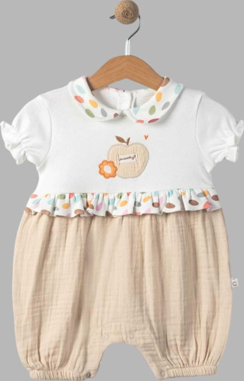 Organik Pamuk Bebe Yaka Elma Nakışlı Altı Müslin Kısa Kollu Kız Bebek Tulum 0-3/3-6/6-9/9-12 Aylık