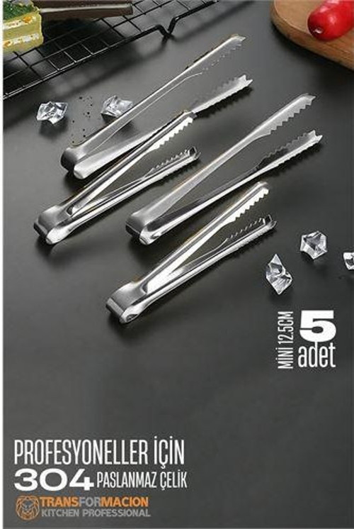 Mini 12.5 cm Buz Maşası - Şeker Limon Maşası Kokteyl Servis Maşası 5 li PAKET 304 Paslanmaz Çelik