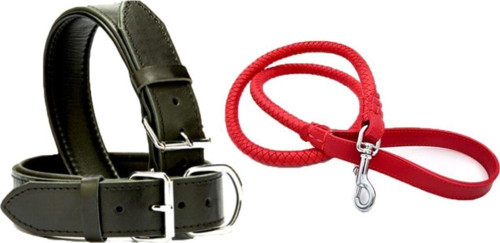 Kırmızı Deri Örgü Köpek Gezdirme Kayışı 90cm Ve Siyah Deri Köpek Tasması 2,5x56 Cm 2li Set