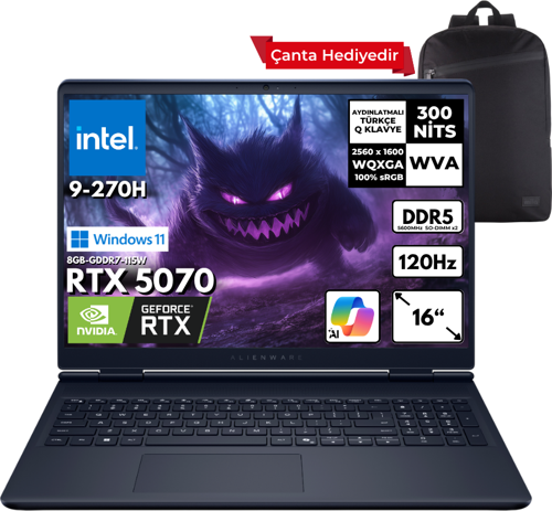 Alienware 16 Aurora intel 9-270H 32-GBDDR5 2 TBSSD RTX5070 (8GB-115W-GDDR7) 16" 2K WQXGA 120Hz Windows 11 Home + HMF Sırt Çantası AC16250-C932157WHMF5