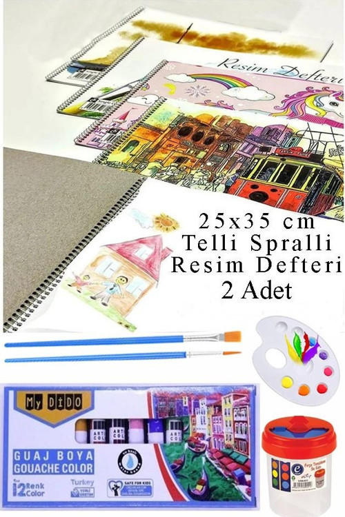 12 Renk Guaj Boya Mydido 25x35 cm Telli Spralli Resim Defteri Palet Resim Fırçası 15 Yaprak Guajboya Resim Defteri
