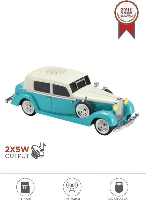 D55 Turkuaz Retro Araba Tasarımlı Bluetooth Hoparlör 2x5W FM + USB + TF Kart