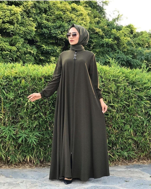 Moda Esre Fashıon Tesettür Giyim Medine Ipeği Kumaş Mevlana Ferace Haki Yeşil