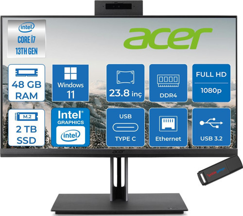 Veriton 4000 VZ4714GT Intel Core I7 13700 48GB Ram 2tb SSD Windows 11 Pro UHD Graphics 23.8" Yükseklik Ayarı, Pivot, Vesa Desteği Fullhd All In One Bilgisayar DQR03EM00GP29 + Zetta Flash Bellek