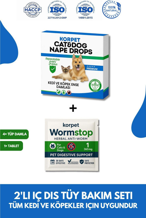 Kor Pet 2'Li Set Kedi Köpek İç Dış Deri Tüy Bakım Bitkisel 4 Damla Ve 1 Tablet Paketi (Parazit)