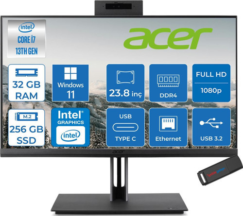 Veriton 4000 VZ4714GT Intel Core I7 13700 32GB Ram 256GB SSD Windows 11 Pro UHD Graphics 23.8" Yükseklik Ayarı, Pivot, Vesa Desteği Fullhd DQR03EM00GP16 + Zetta Flash Bellek