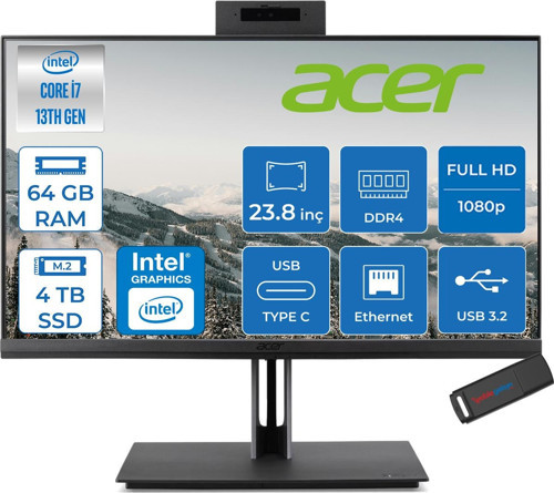 Veriton 4000 VZ4714GT Intel Core I7 13700 64GB Ram 4tb SSD Freedos UHD Graphics 23.8" Yükseklik Ayarı, Pivot, Vesa Desteği Fullhd All In One Bilgisayar DQR03EM00GF35 + Zetta Flash Bellek