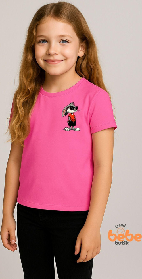 Cool Tavşan Baskılı Kız Çocuk Tişörtü (3-14 Yaş) - Pamuklu , Renk Seçenekli Yazlık Günlük Tshirt