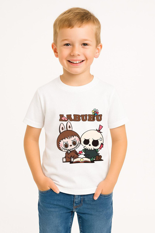Labubu Karakter Baskılı Çocuk Tişörtü Pamuklu, Renkli Seçenekli Erkek Yazlık Kısa Kollu T-Shirt