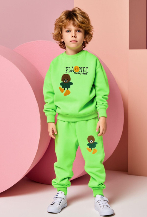 Erkek Çocuk Peluş Ayıcık Nakışlı Eşofman Takımı - Pamuklu, Rahat Ve Şık Günlük Spor Ve Pijama Takımı