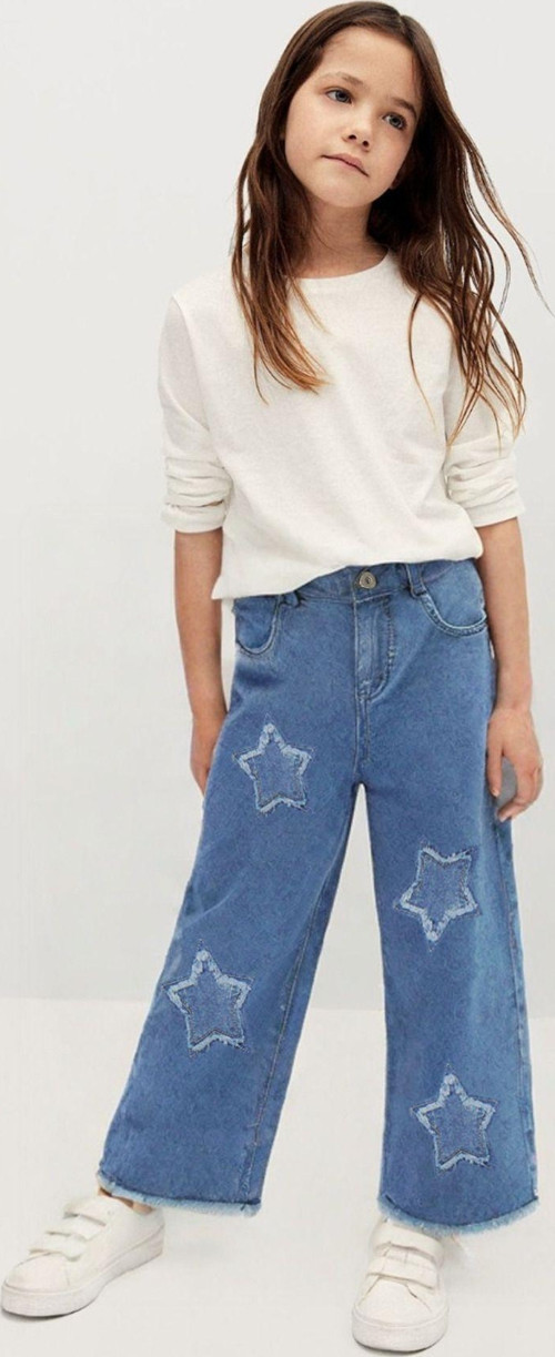 Kız Çocuk Yıldız Desen Nakışlı Cepli Pamuklu Bol Paça Denim Pantolon Bel Lastik Ayarlı Kot Pantolon