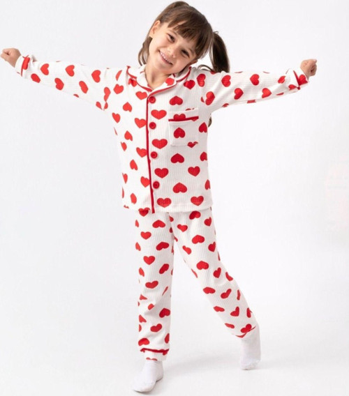 Kız Çocuk Kalp Desenli Pamuklu Pijama Takımı Önden Düğmeli Uzun Kollu Kışlık Ve Yazlık Ev Giyim