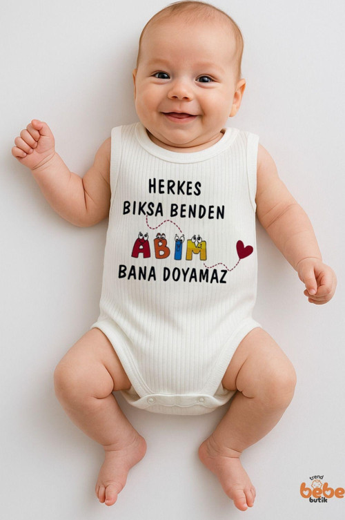 Abim Bana Doyamaz Yazılı Erkek Bebek Atlet Body Ribana Kumaş Çıtçıtlı Yazlık Pamuklu Zıbın 6-36 Ay