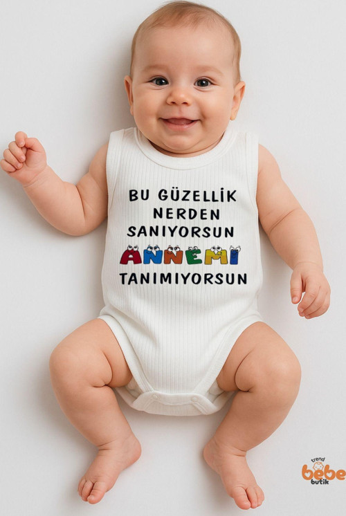 “Bu Güzellik Nerden Sanıyorsun, Annemi Tanımıyorsun” Yazılı Bebek Yazlık Atlet Çıtçıtlı Zıbın Body