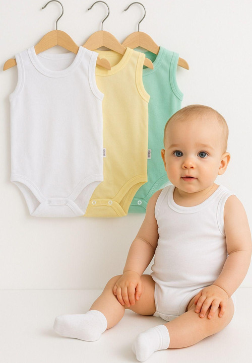 3’Lü Beyaz-Sarı-Yeşil Bebek Zıbın Seti Pamuklu Kolsuz Çıtçıtlı Yazlık Body Unisex Bebek Badi