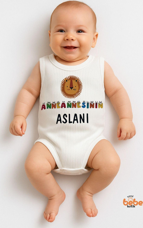 Anneannesinin Aslanı Yazılı %100 Pamuklu Ribana Tulum Body Zıbın Çıtçıtlı 6–36 Ay Unisex