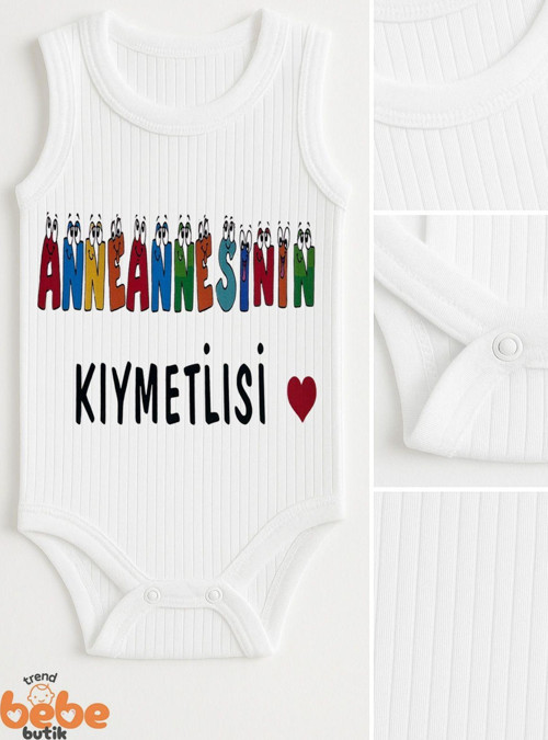Anneannesinin Kıymetlisi Yazılı %100 Pamuklu Ribana Tulum Body Zıbın Çıtçıtlı 6–36 Ay Unisex
