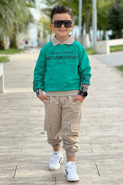 Erkek Çocuk İkili Takım Spor Ve Şık Sweatshirt & Gabardin Kargo Pantolon Kombin Mevsimlik Takım