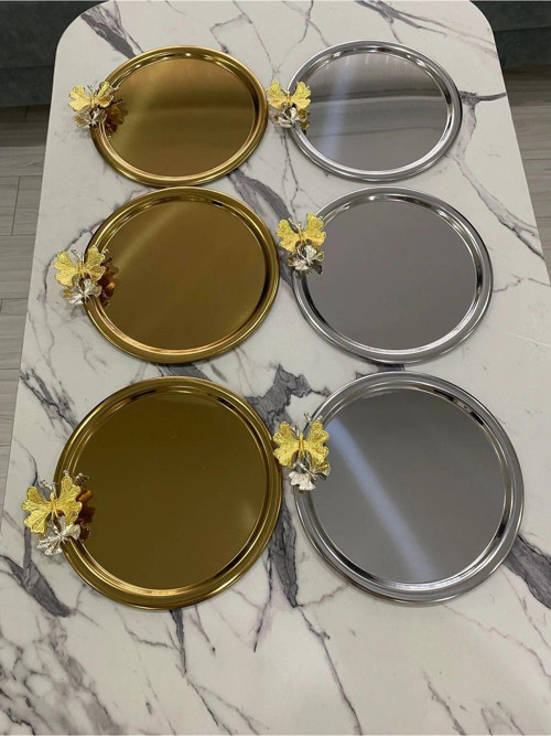 6'Lı Kelebekli 3 Gümüş 3 Gold Yuvarlak Sunum Tepsisi Dekoratif Servis Tepsisi Çay, Kahve 22 Cm