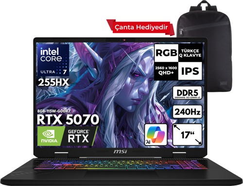 CROSSHAIR 17HX AI Ultra 7-255HX 32-GBDDR5 4 TBSSD RTX5070 (8GB-115W-GDDR7) 17" 2K QHD+ 240Hz Windows 10 Pro + HMF Sırt Çantası D2XWGKG-018XTRHMF45