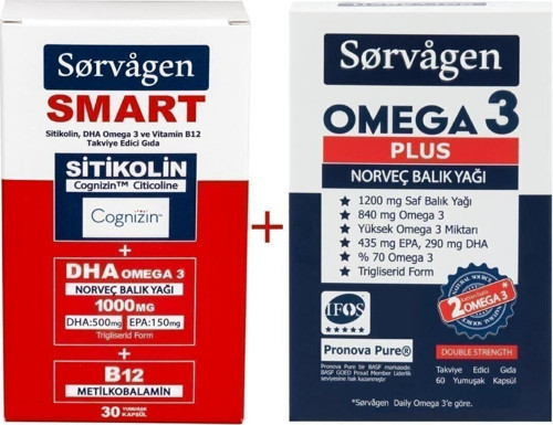 Smart Sitikolin, Dha Omega 3, B12 (30 Kapsül) + Omega 3 Plus Norveç Balık Yağı