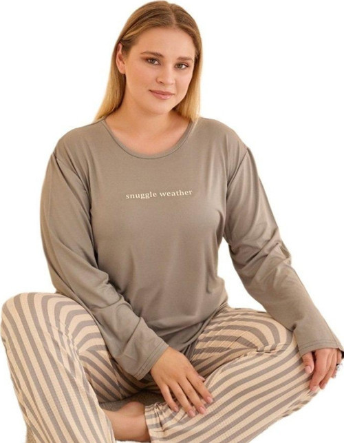 AURORA %100 Pamuklu Kadın Büyük Beden Pijama Takımı Uzun Kollu Rahat ve Doğal Kumaş 3XL-5XL