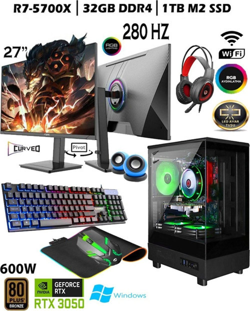 Tc99 Ryzen 7 5700X 32Gb 1Tb M.2 Nvme Ssd Rtx3050 Gddr6 27'' 280Hz Curved Masaüstü Oyuncu Bilgisayarı